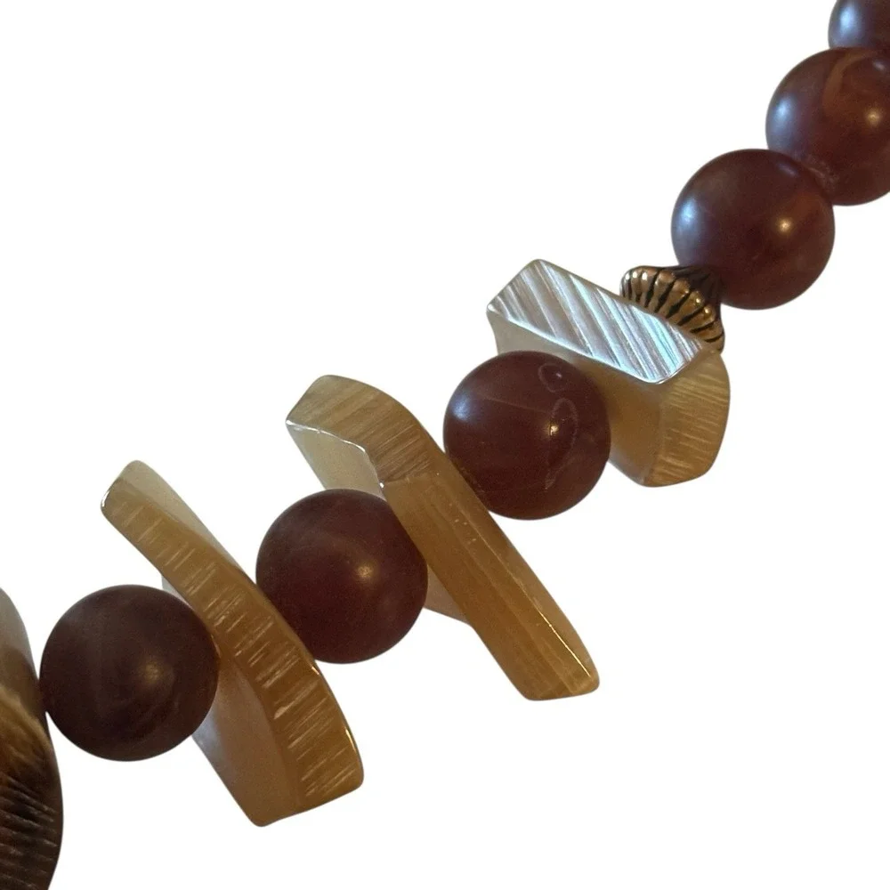 Chunky Lucite Necklace Faux Tiger Amber &‎ Bone Statement Tribal Signed M.E. VTG